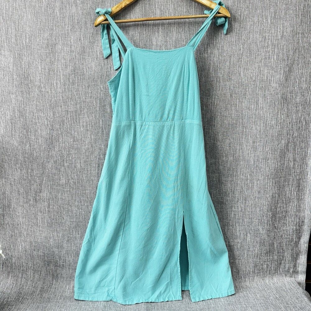 GB Girls 14 Aqua blue bow strap smocked midi dress linen rayon lined side slit